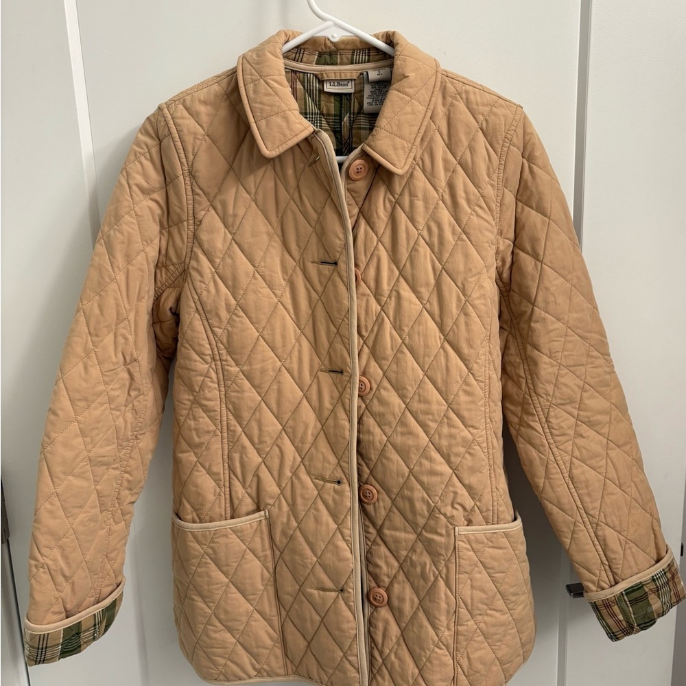 Vintage LL Bean Quilted Khaki Plaid Insulated Barn Coat Size Small - Picture 14 of 17
